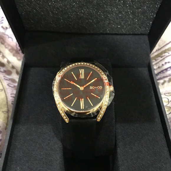 Accessories - SO&CO diamond dial black leather strap wrist watch